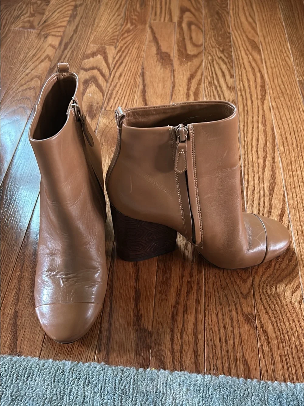 Tory Burch Camel Leather Ankle Booties with Block Heel